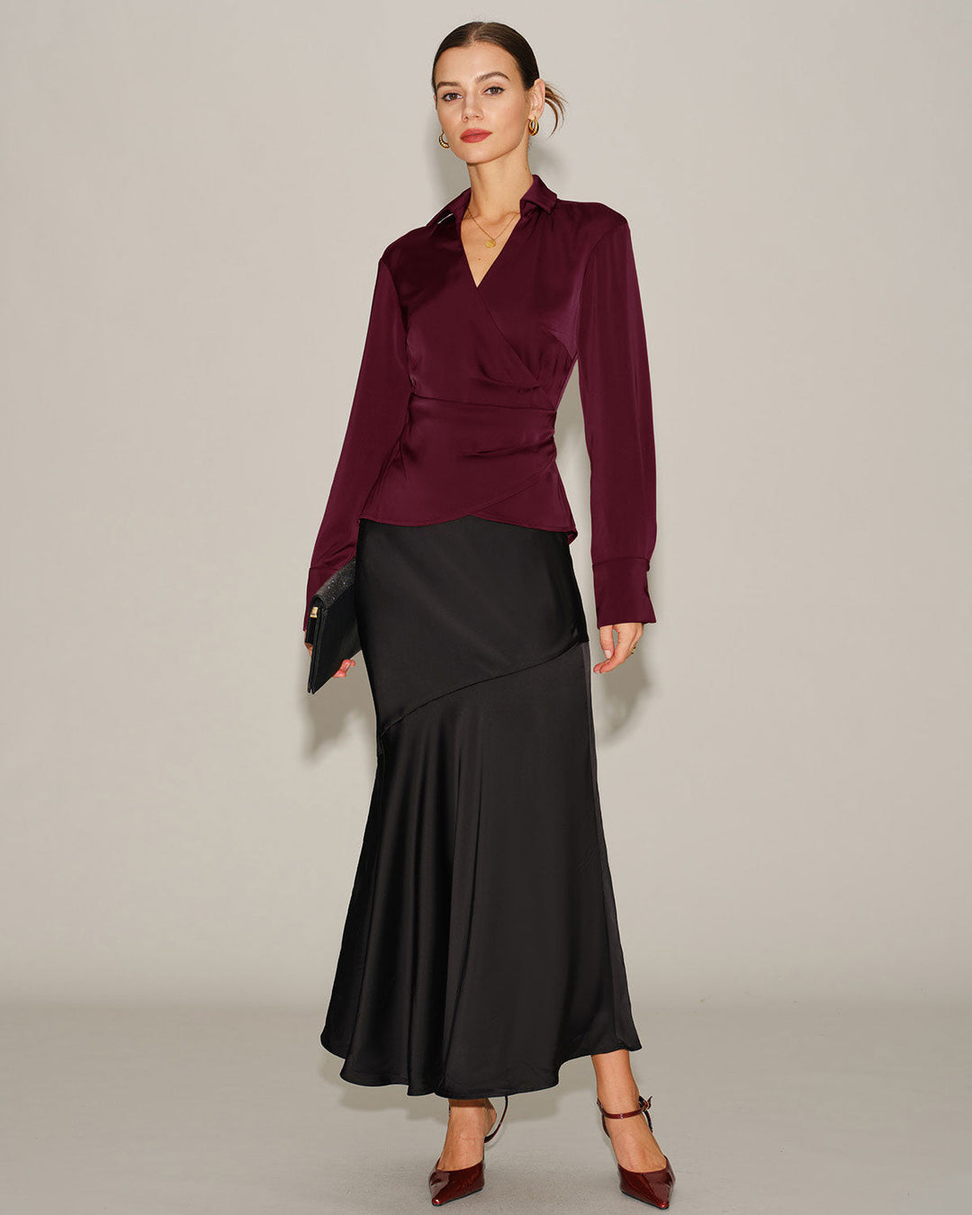 Wine Red Satin V Neck Tie Shirt