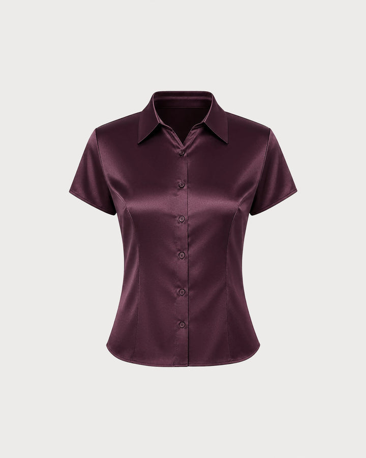 Wine Red Collar Short Sleeve Button Shirt