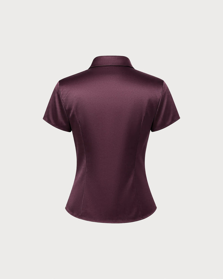Wine Red Collar Short Sleeve Button Shirt
