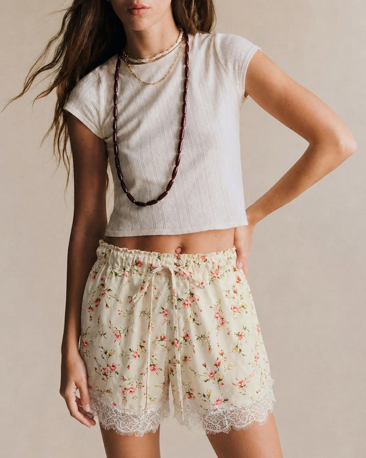 Apricot Elastic Waist Lace Floral Shorts
