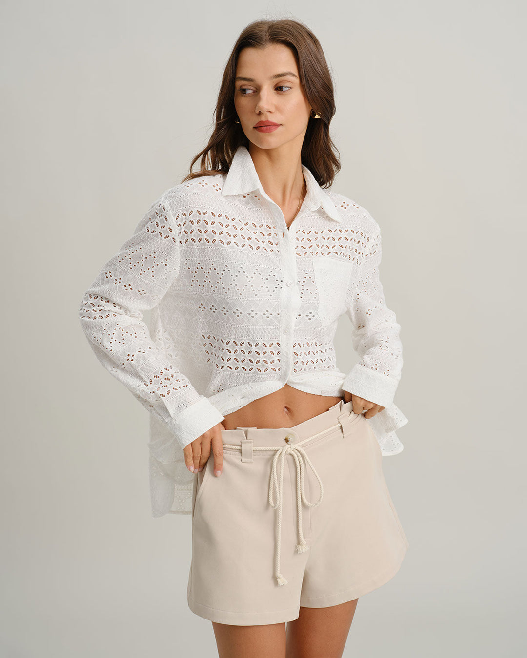Beige Tie Waist Pocket Shorts