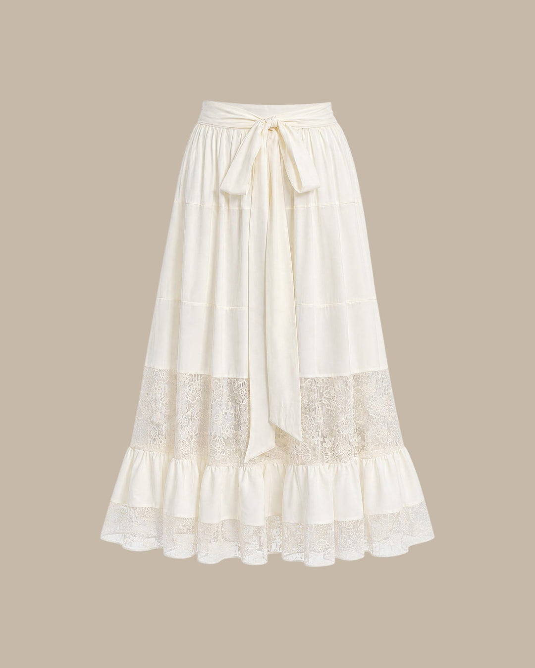 Apricot Lace Elastic Waist Midi Skirt