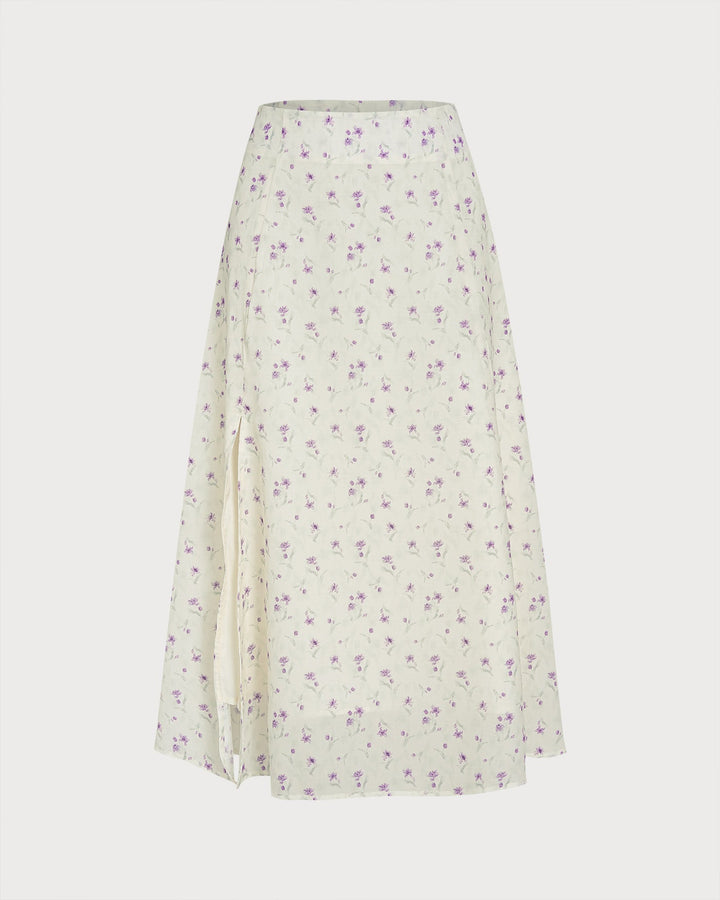Beige Floral Slit Midi Skirt