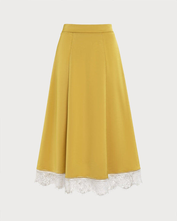 Yellow Lace Satin Midi Skirt