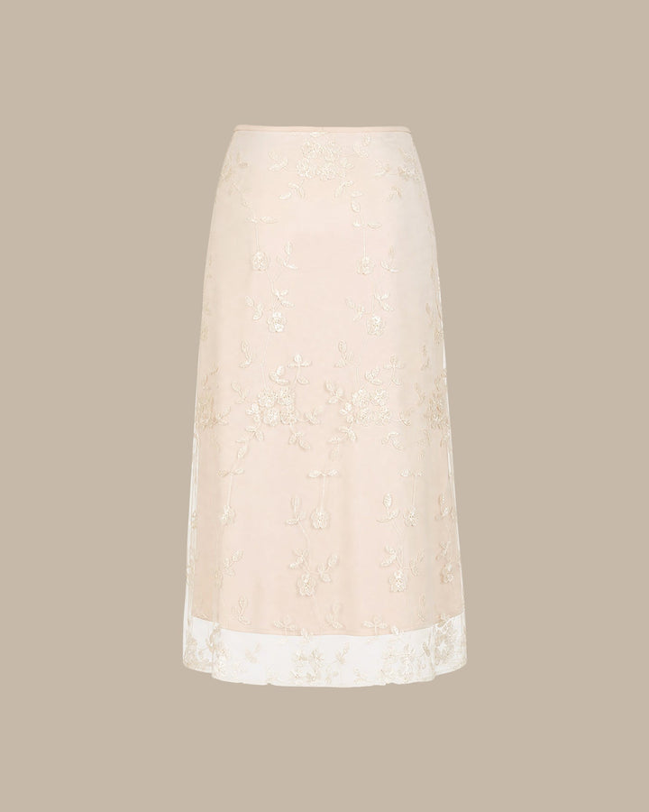 Apricot Floral Embroidery Mesh Midi Skirt