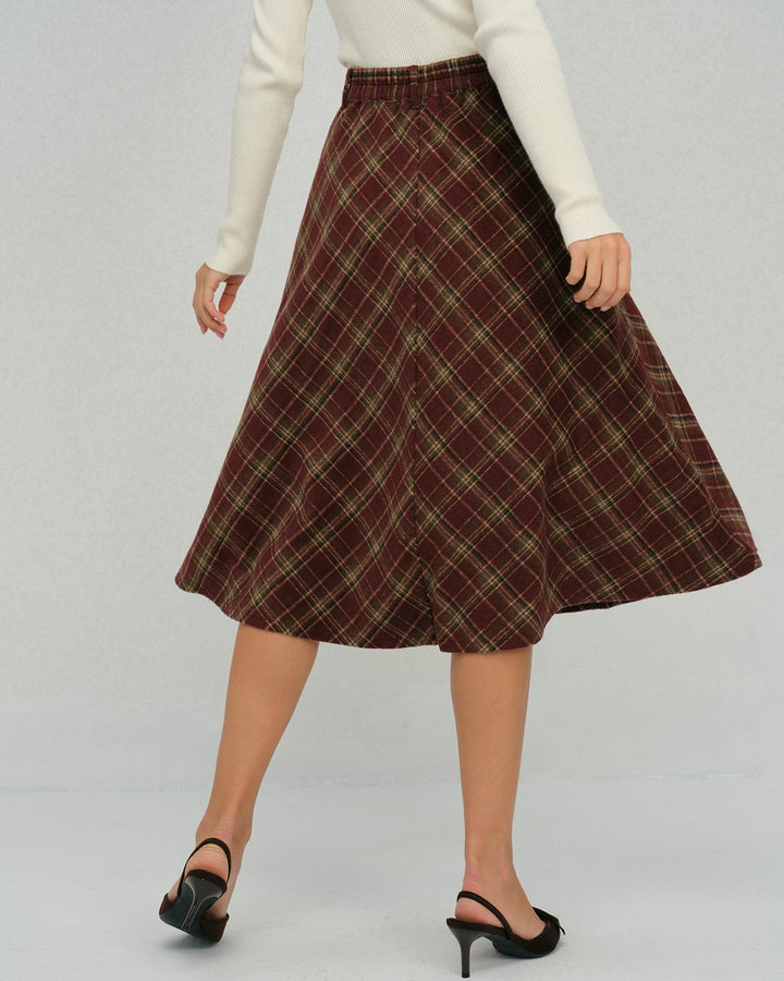 Red Plaid Floral Midi Skirt
