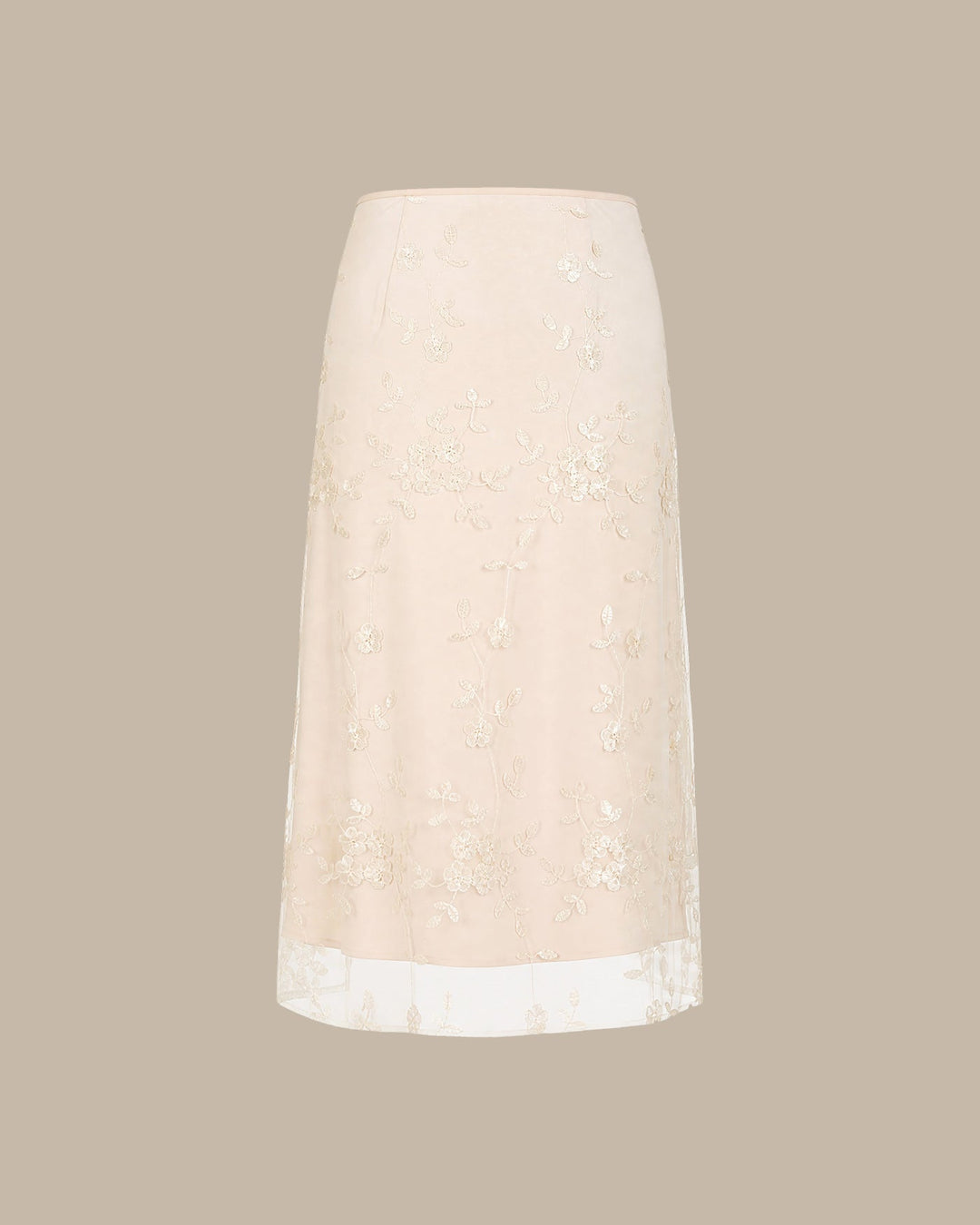 Apricot Floral Embroidery Mesh Midi Skirt