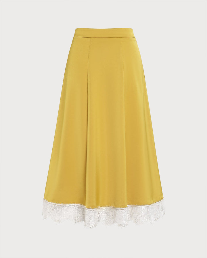 Yellow Lace Satin Midi Skirt