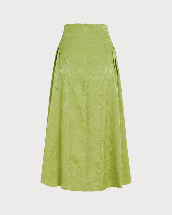 Green Jacquard Ruched Satin Midi Skirt