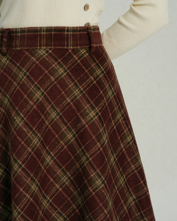 Red Plaid Floral Midi Skirt