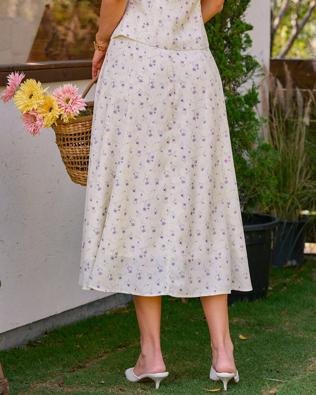 Beige Floral Slit Midi Skirt