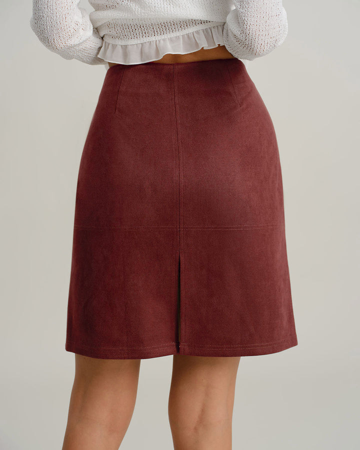 Red Suede Straight Slit Mini Skirt