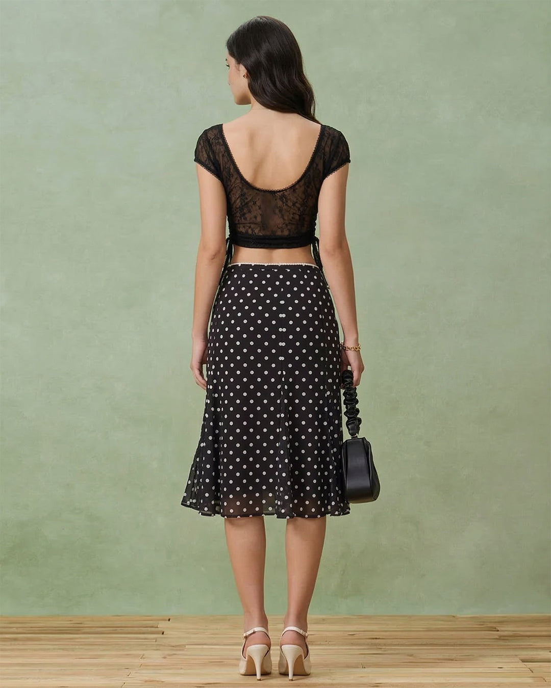 Black Polka Dot Mermaid Midi Skirt