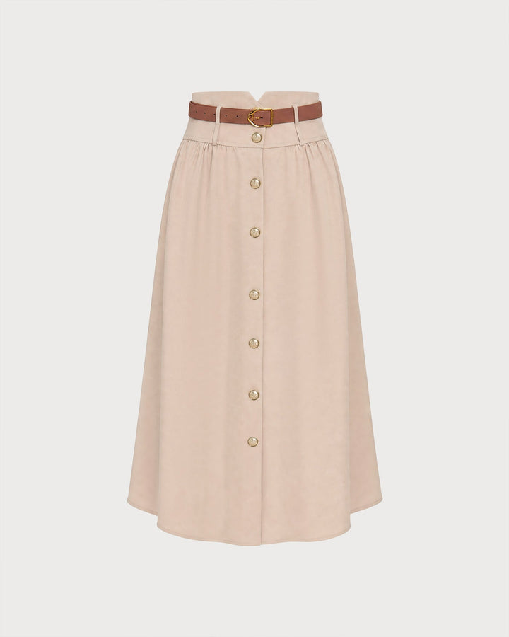 Khaki Belt Shirred Button Skirt