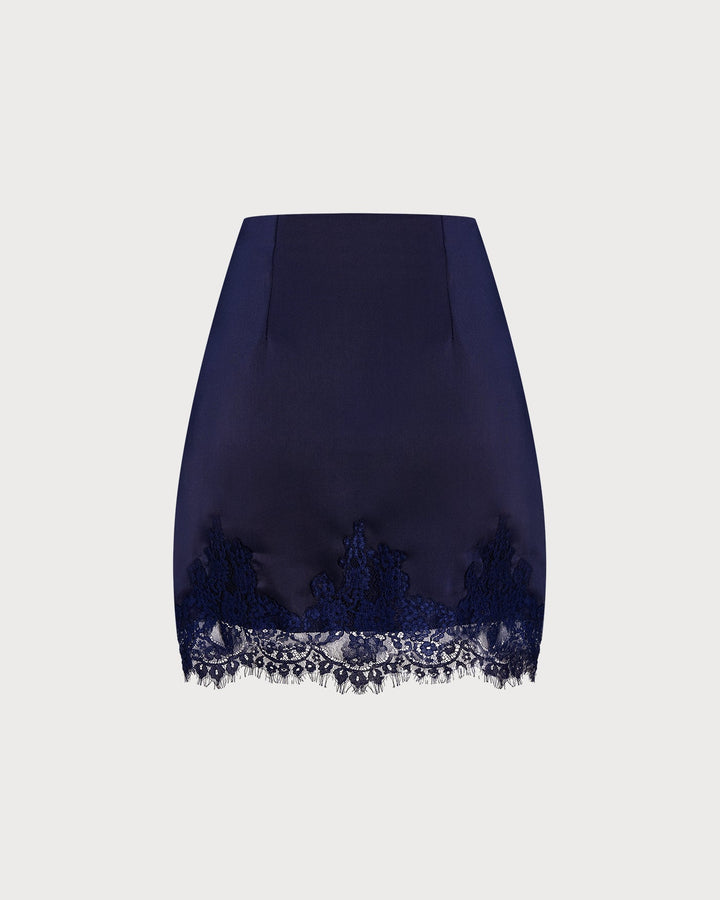 Blue Lace Satin Mini Skirt