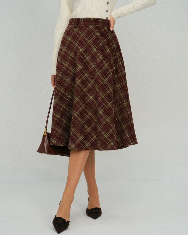 Red Plaid Floral Midi Skirt