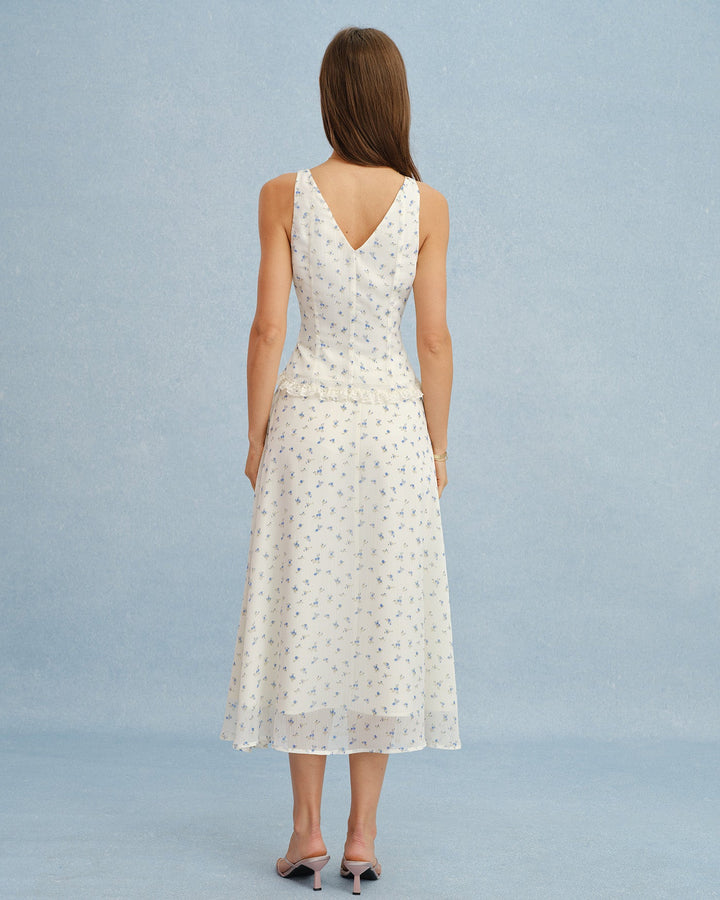 Beige V Neck Floral Chiffon Tank Top