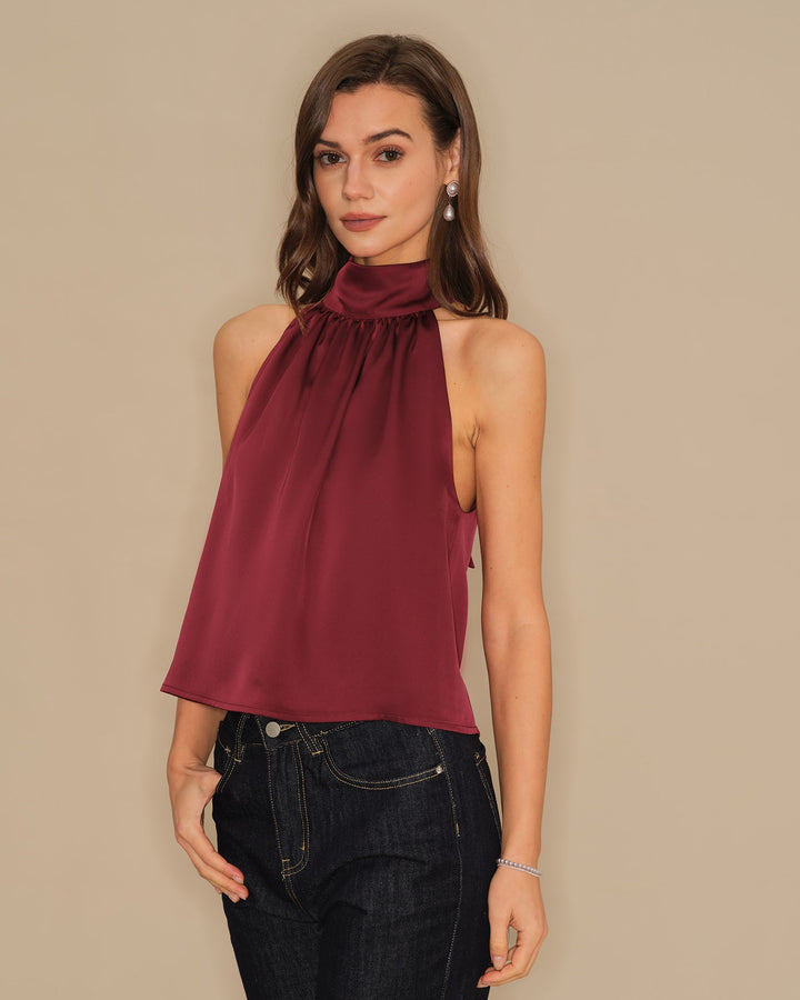 Wine Red Turtle Bowknot Satin Tank Top
