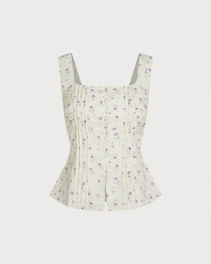 Beige Square Neck Floral Tank Top