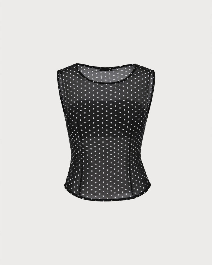 Black Boat Neck Polka Dot Tank Top