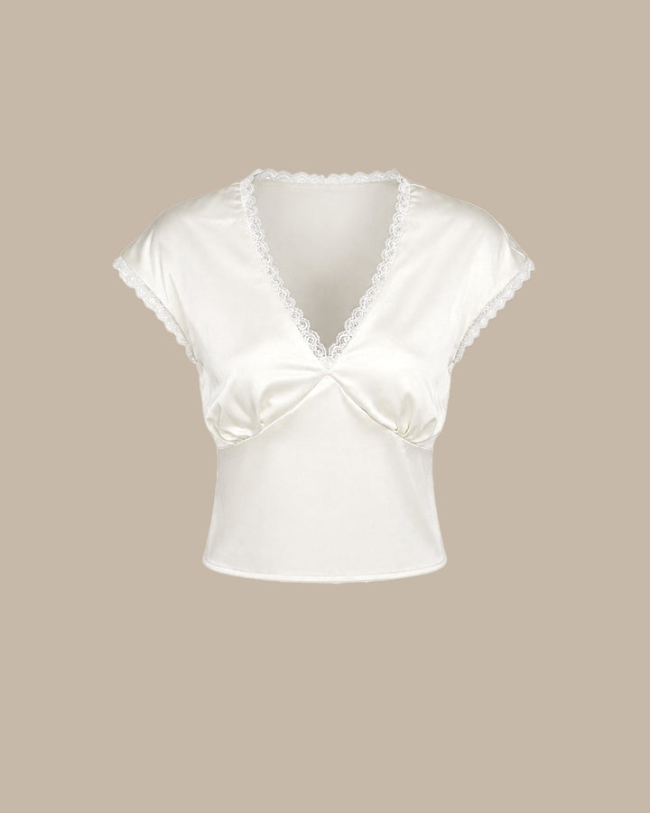 Apricot V Neck Lace Satin Tee
