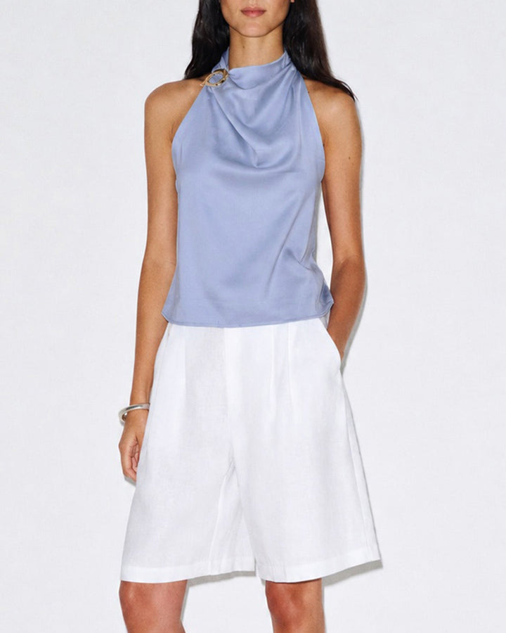 Blue Cowl Neck Button Tank Top