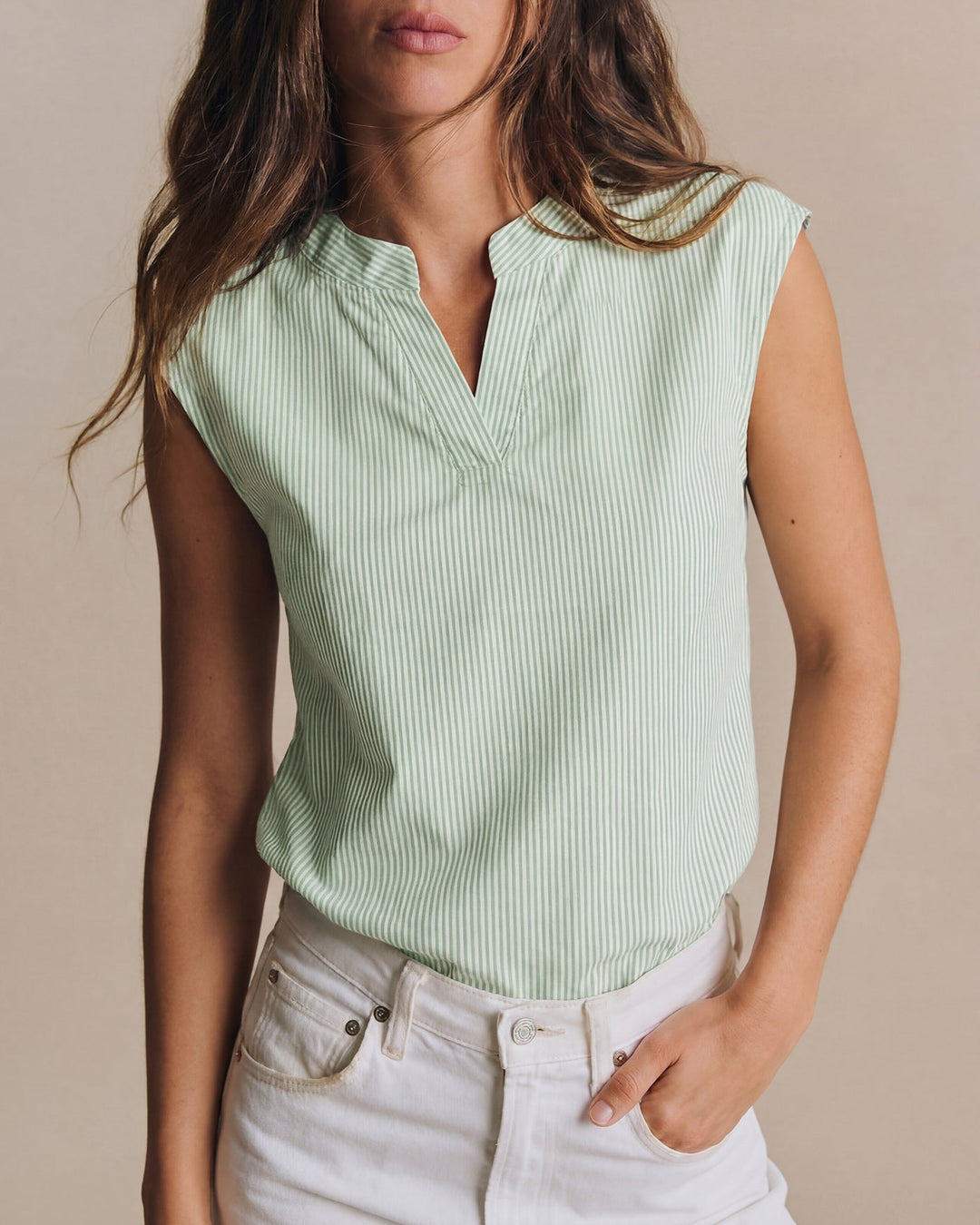 Green V Neck Drop Shoulder Striped Tee