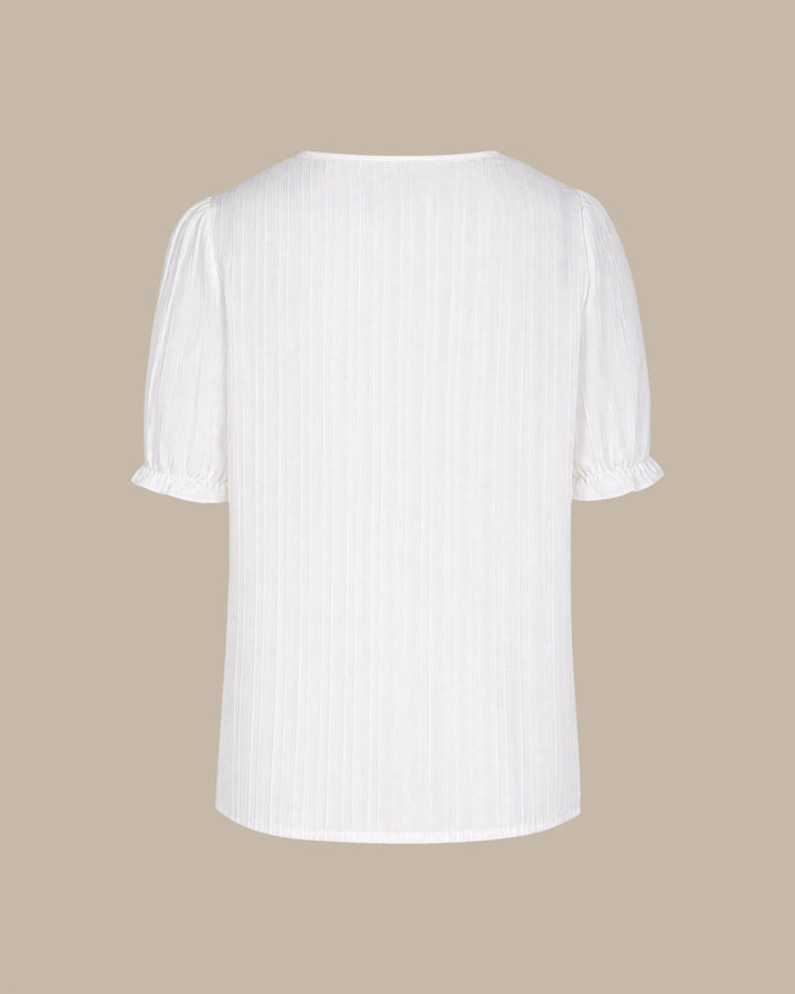 White V Neck Puffed Sleeve Splicing Tee