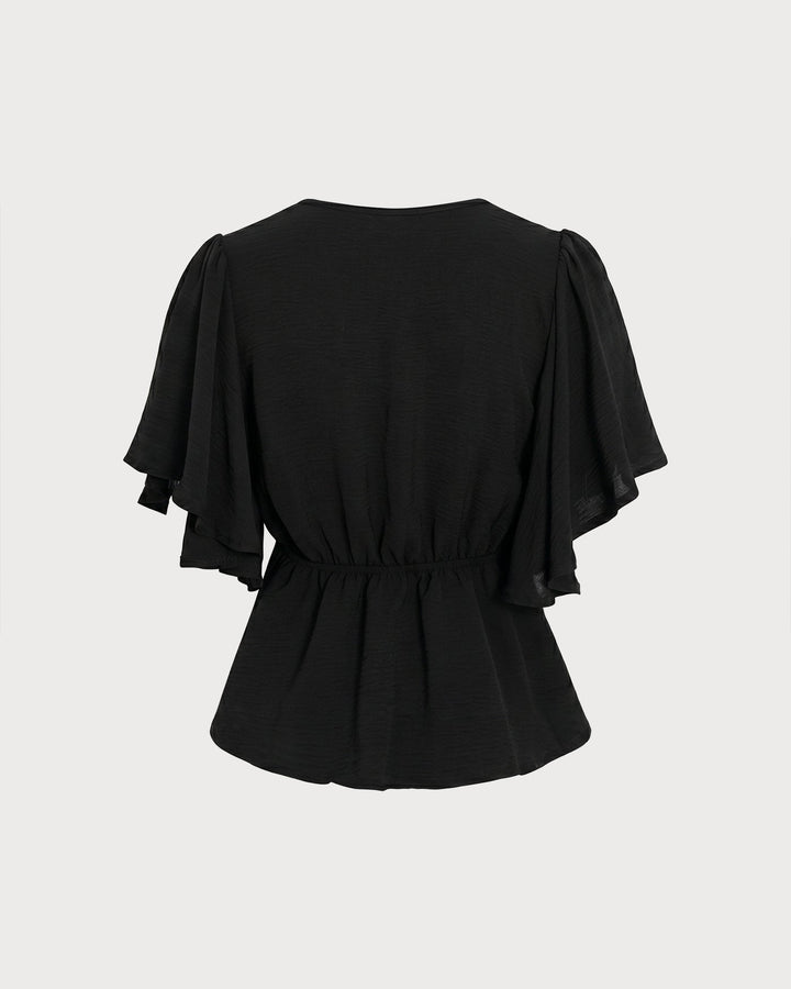 Black V Neck Butterfly Sleeve Button Tee