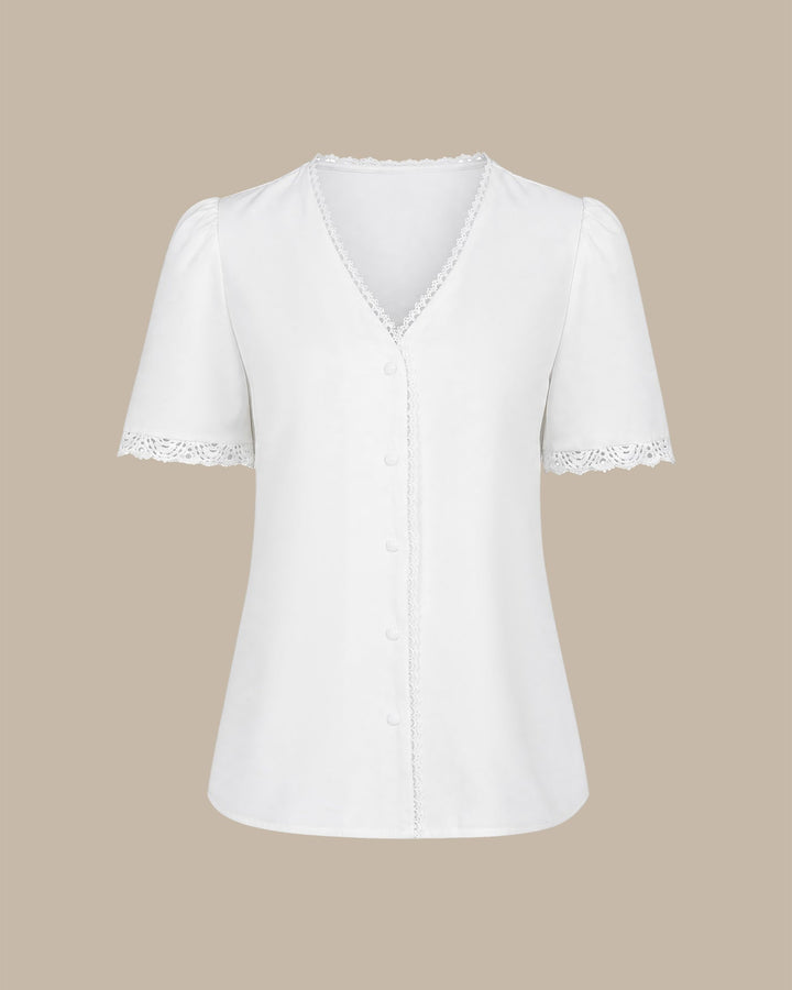 White Solid V Neck Button Tee