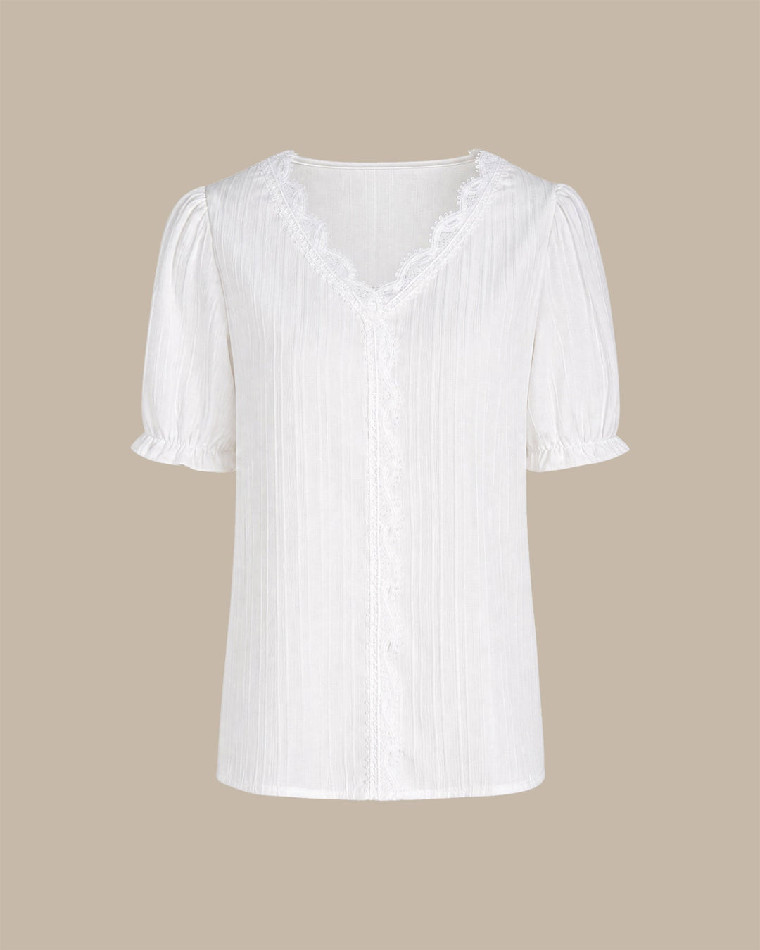 White V Neck Puffed Sleeve Splicing Tee