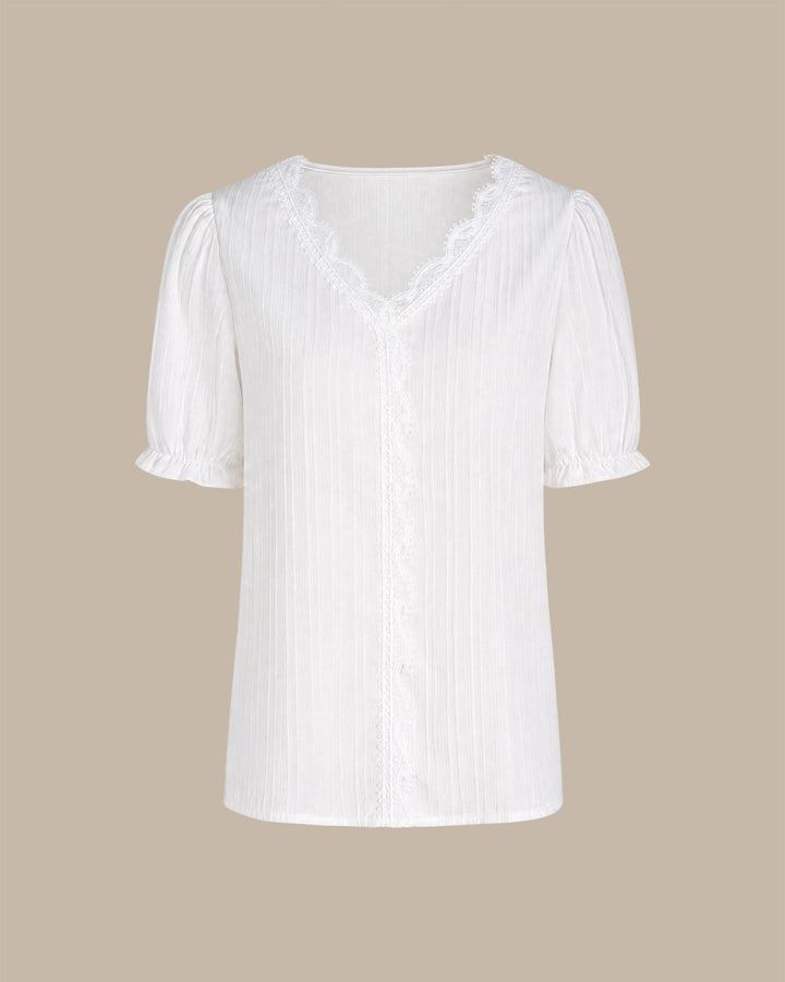 White V Neck Puffed Sleeve Splicing Tee