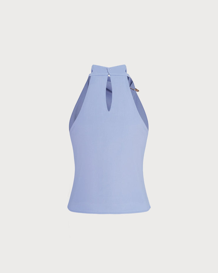 Blue Cowl Neck Button Tank Top