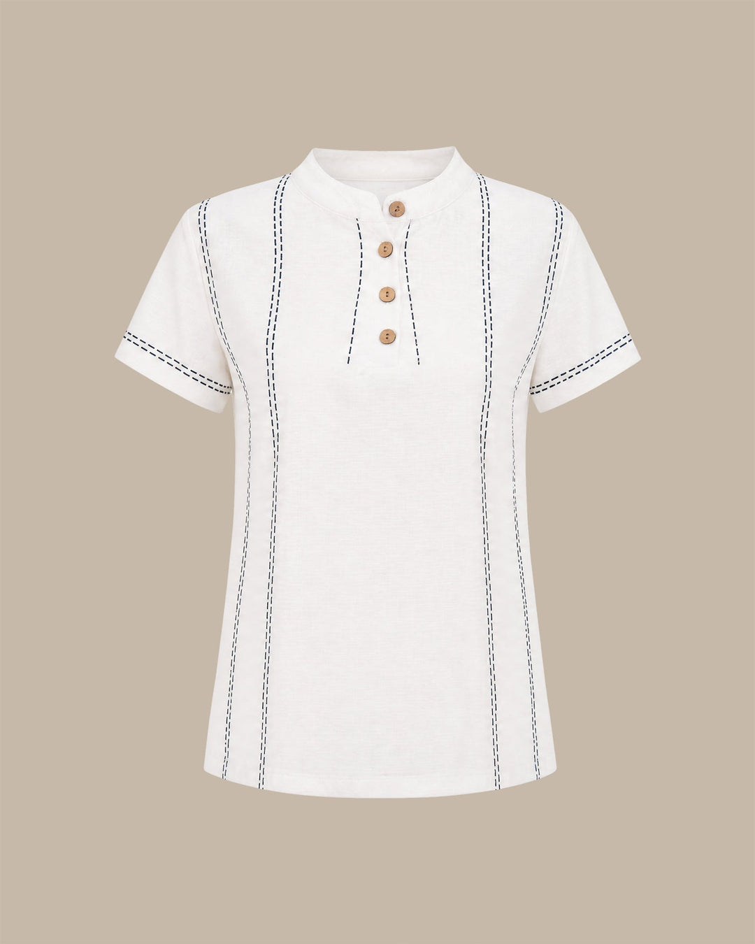 White Round Neck Geometric Button Tee