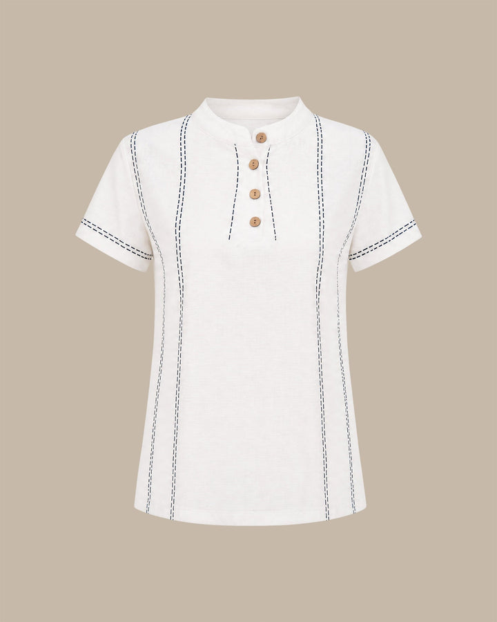 White Round Neck Geometric Button Tee