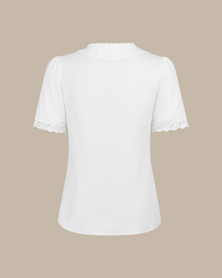 White Solid V Neck Button Tee