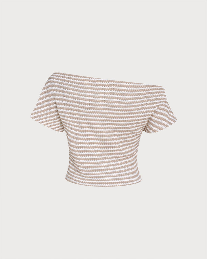 Khaki One Shoulder Textured Striped Tee
