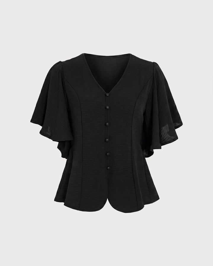 Black V Neck Butterfly Sleeve Button Tee