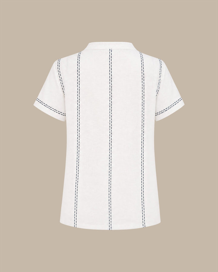 White Round Neck Geometric Button Tee