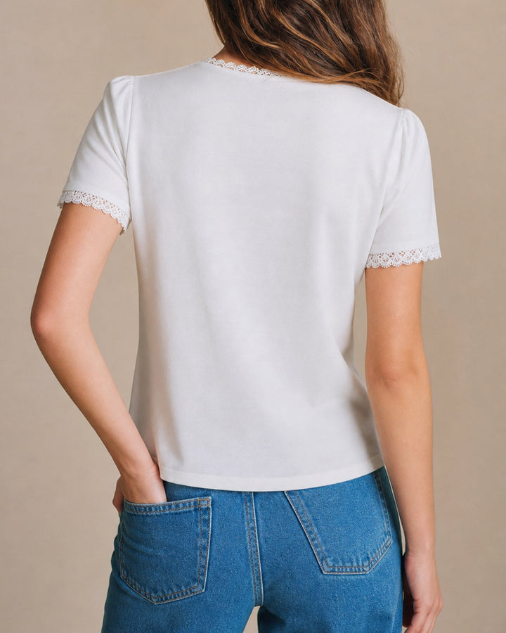 White Solid V Neck Button Tee