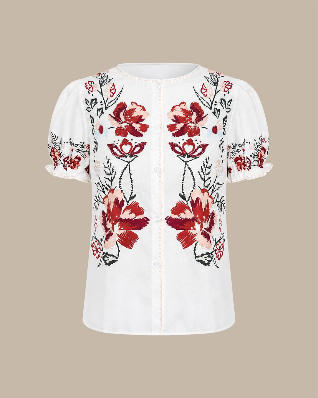 White Puffed Sleeve Button Floral Tee