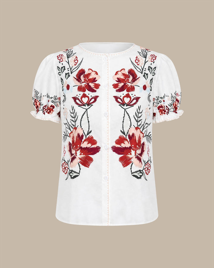 White Puffed Sleeve Button Floral Tee