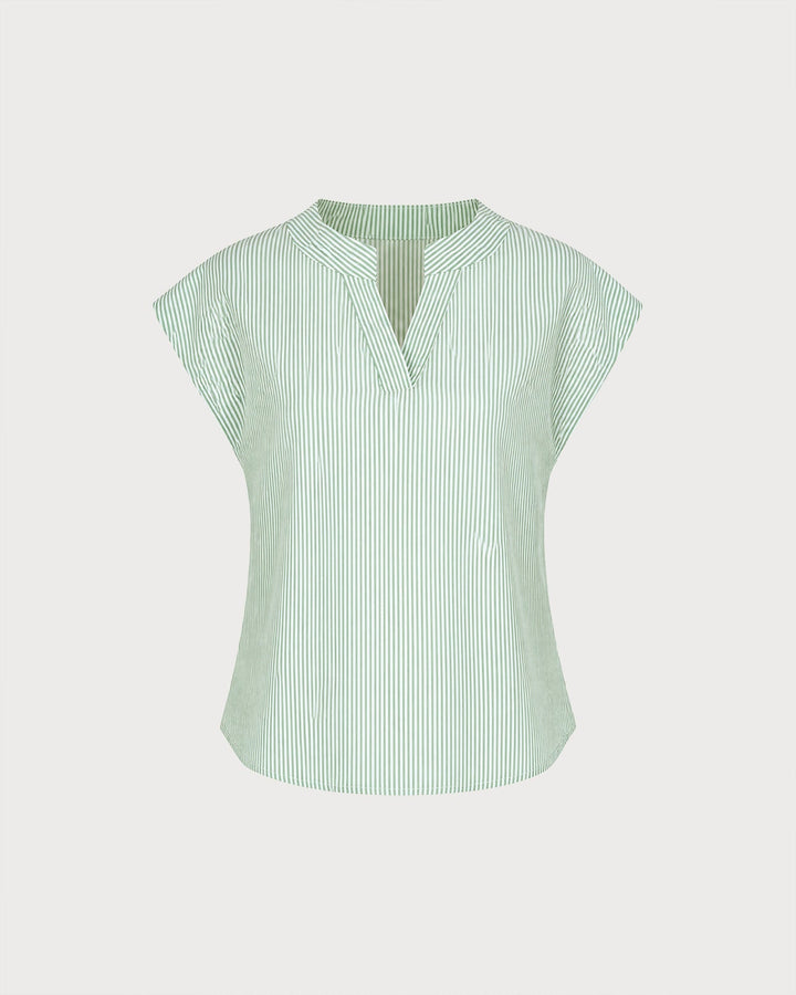 Green V Neck Drop Shoulder Striped Tee