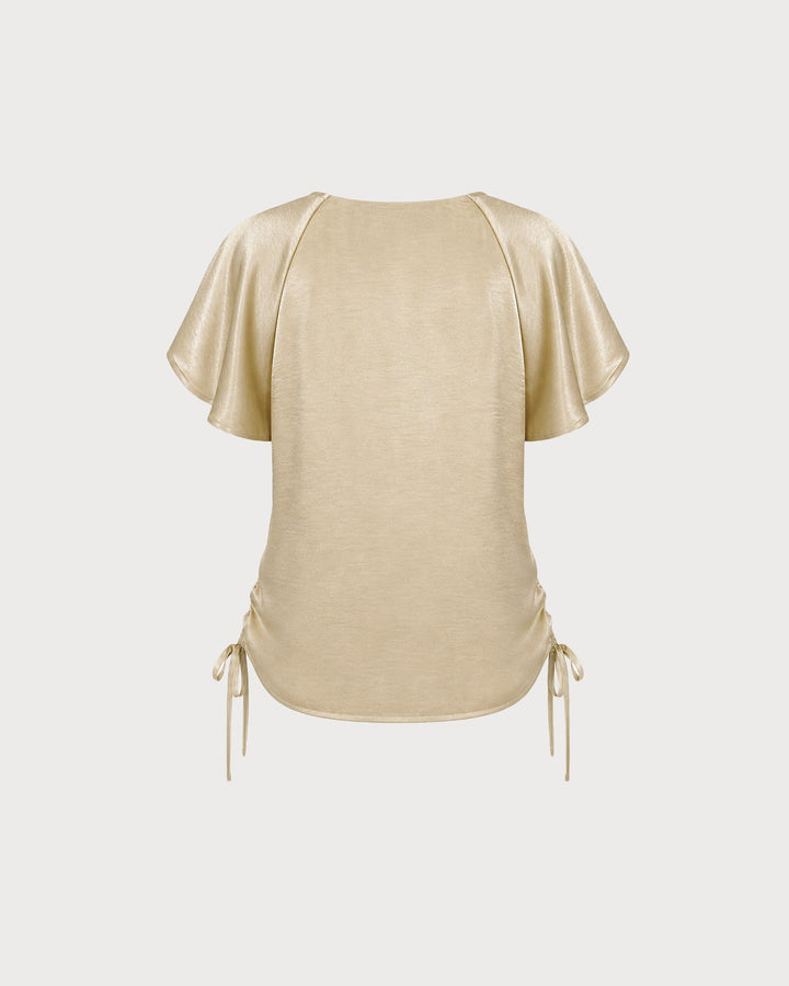 Apricot V Neck Cape Sleeve Ruched Tee