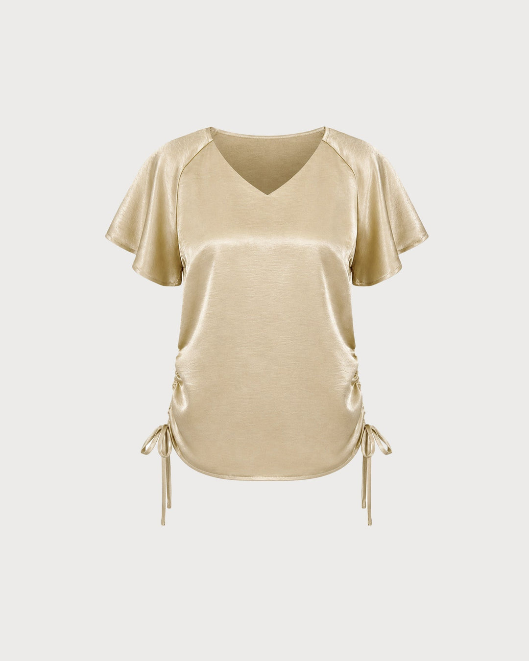 Apricot V Neck Cape Sleeve Ruched Tee