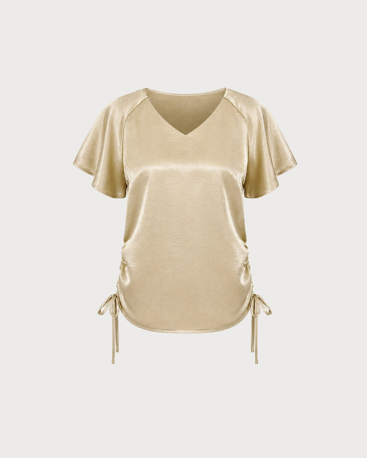 Apricot V Neck Cape Sleeve Ruched Tee