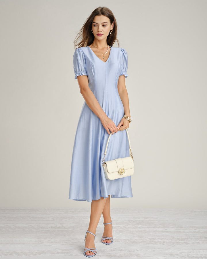 Blue V Neck Sheer Zipper Midi Dress