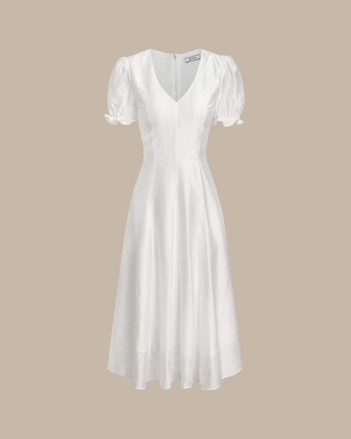 White Puffed Sleeve V Neck Midi Dress