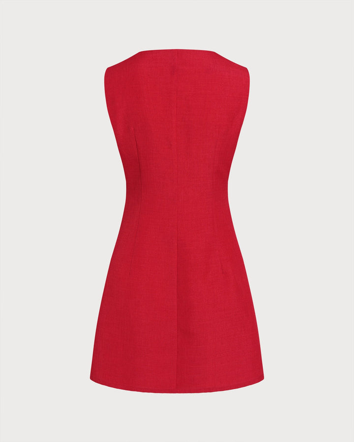 Red Boat Neck Button Mini Dress