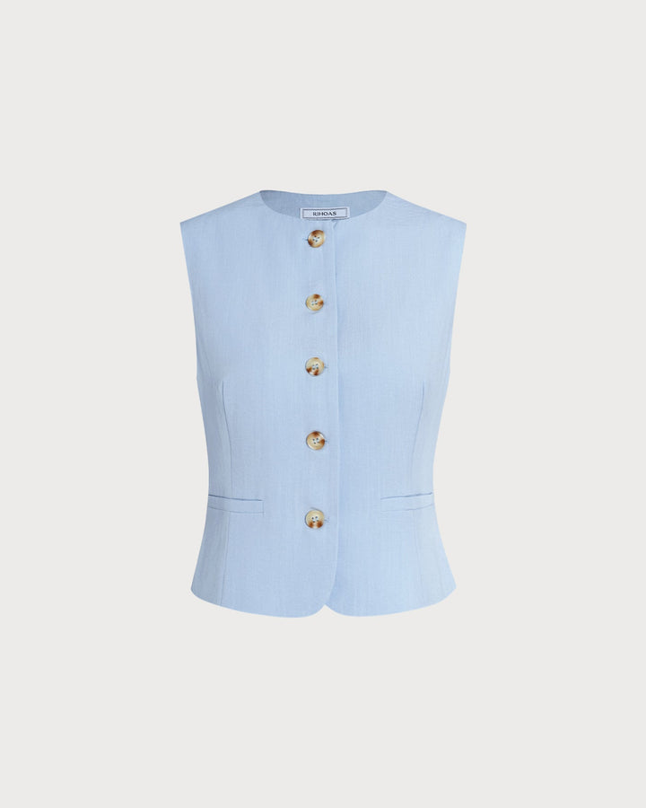 Blue Single Breasted Pockets Vest